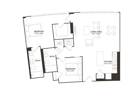 Floor plan for 2 beds, 2 baths, 1156 sqft